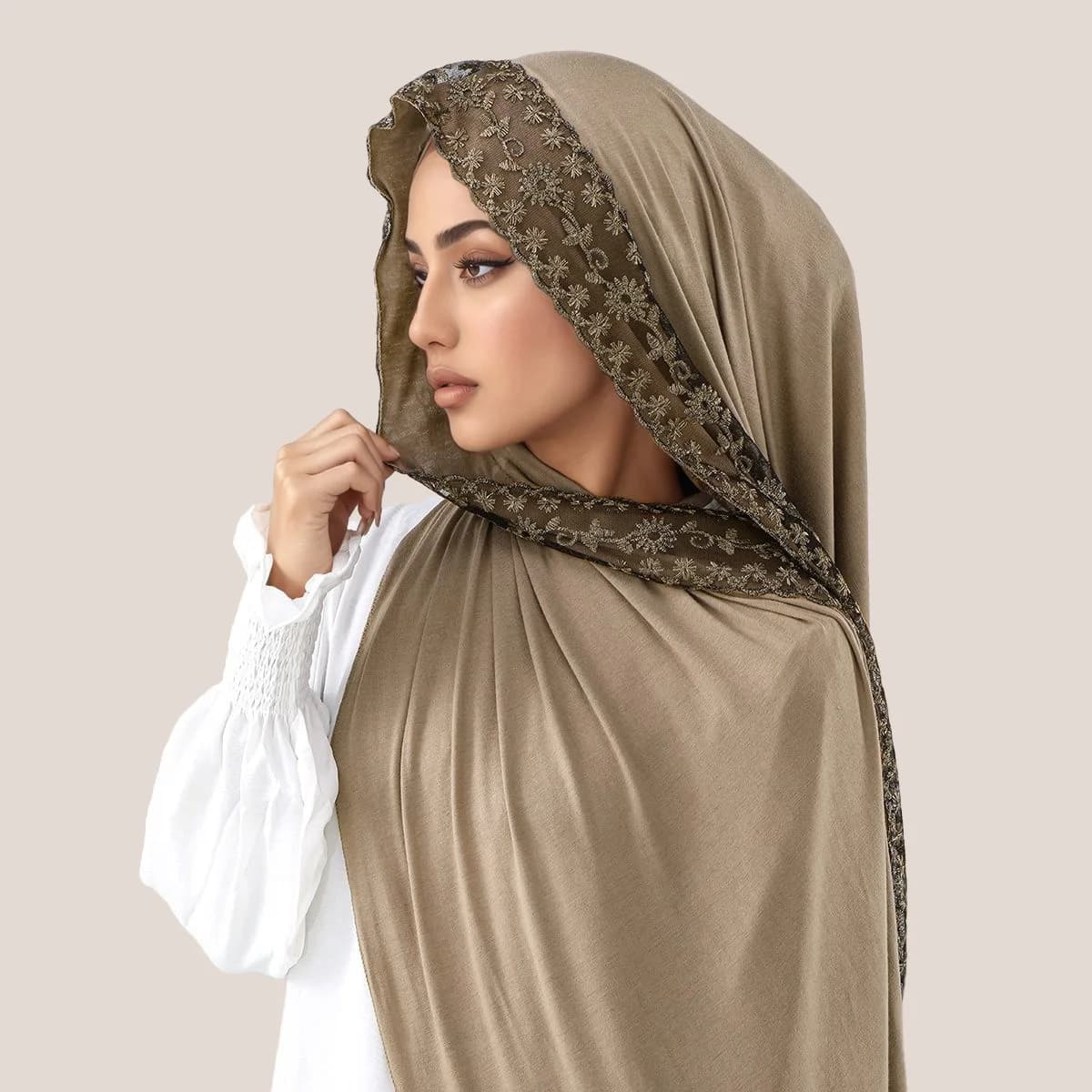 Cotton sweater with embroidery in lace Hijab Muslim Long scarf Woman Wraps head Scialle Turbante Eid Soild Malay Tudung 170 * 60 cm