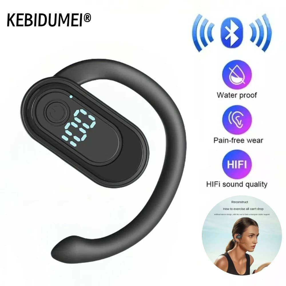 Cuffia wireless Bluetooth 5.4 vivavoce con cancellazione del rumore 180 ° Auricolari sportivi rotanti con display digitale Gancio per l'orecchio singolo