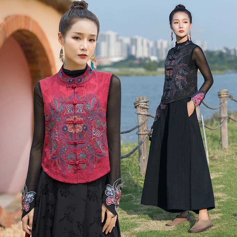 Spring Autumn Embroidered High Collar Jacket 2026 Ethnic Style Single Button Versatile Vest Outerwear Fashionable Ladies Jacket