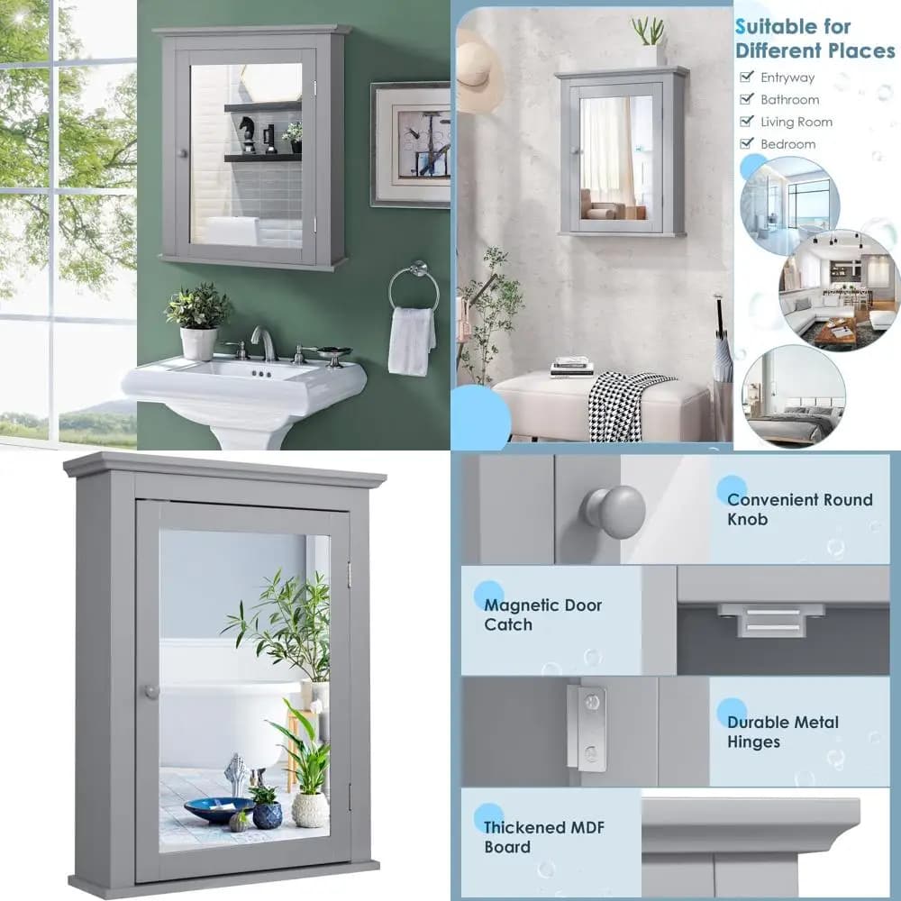 Armadietto a Specchio da Parete con Ripiani Regolabili, 22x6x27.5 Grigio, per Bagno, Soggiorno, Guardaroba