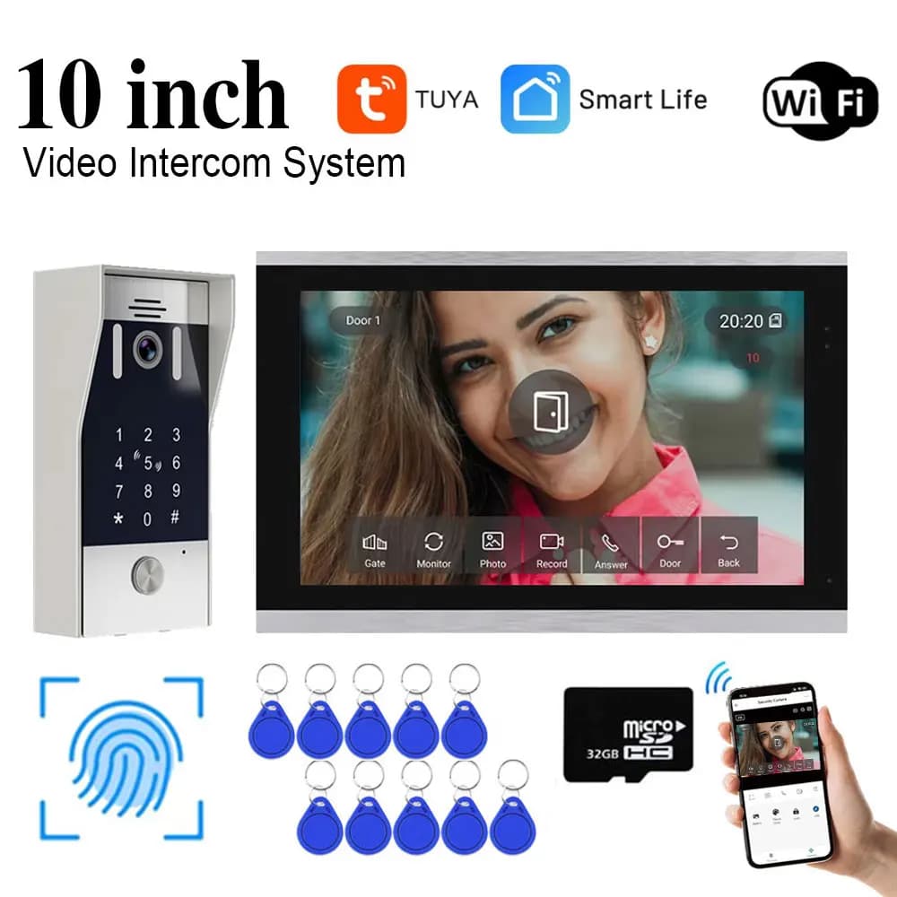 Nuovo Sistema Videocitofonico WiFi Tuya Smart 5in1 con Sblocco Impronte Digitali, Schermo 10 Pollici, Telecamera con Rilevatore di Movimento 1080P