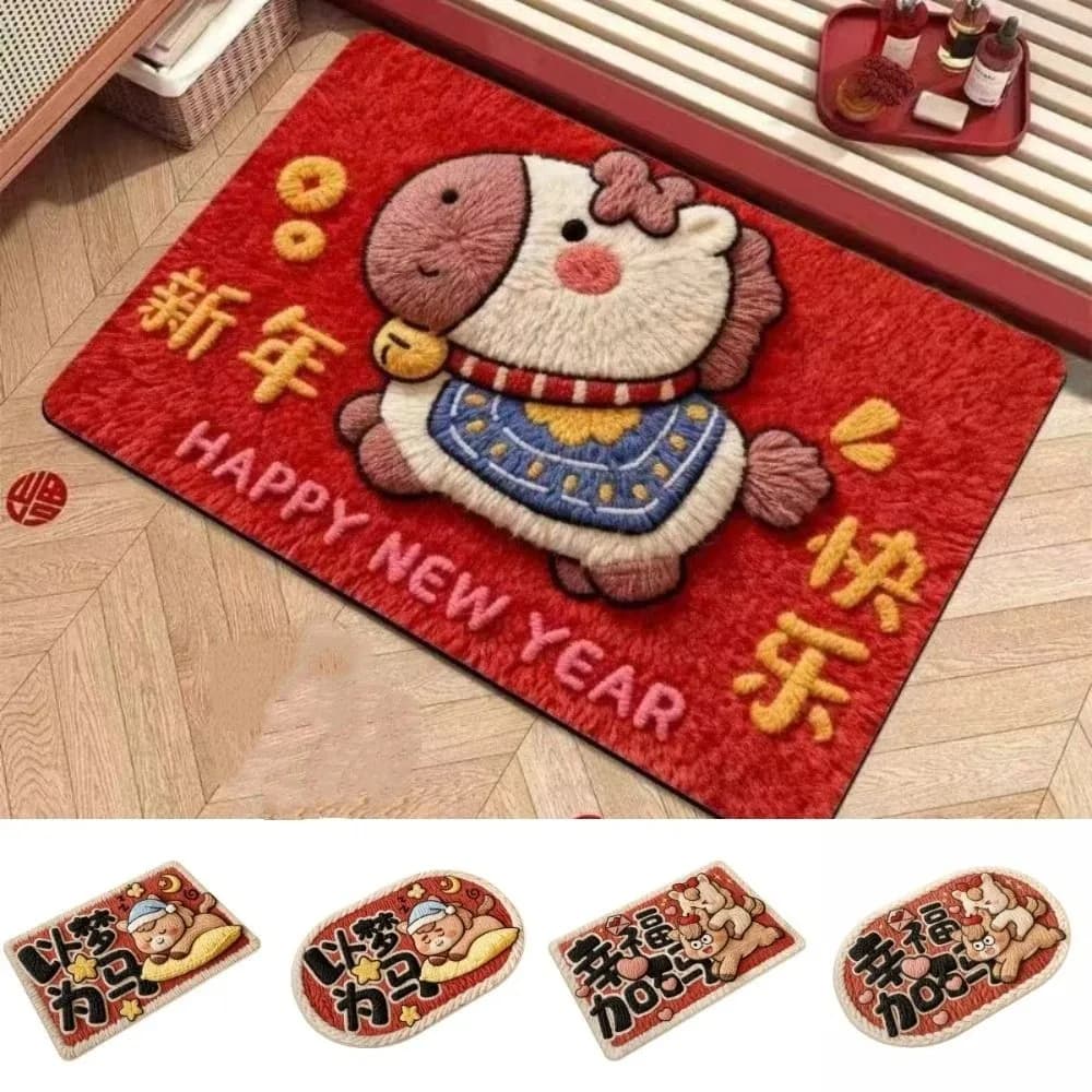 Nuovo Tappetino d'Ingresso con Motivo a Cavallo per Capodanno, Tappeto da Bagno Rosso ad Asciugatura Rapida, Morbido e Assorbente per Decorazioni Domestiche