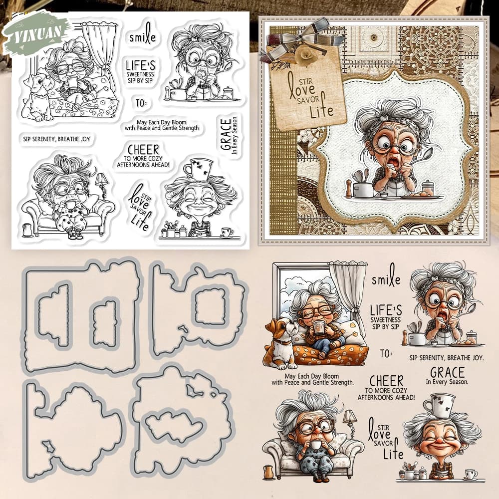 Old Lady Retirement Life Cutting Dies Clear Stamp Set DIY Scrapbooking Metal Dies Silicone Stamp For Card Making Albums Decor