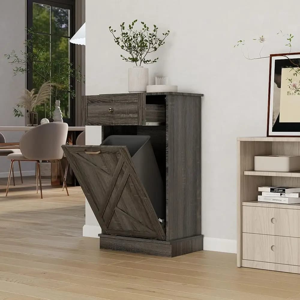 Cestino per Rifiuti da Cucina in Legno con Mobile per Riciclaggio in Rovere Grigio