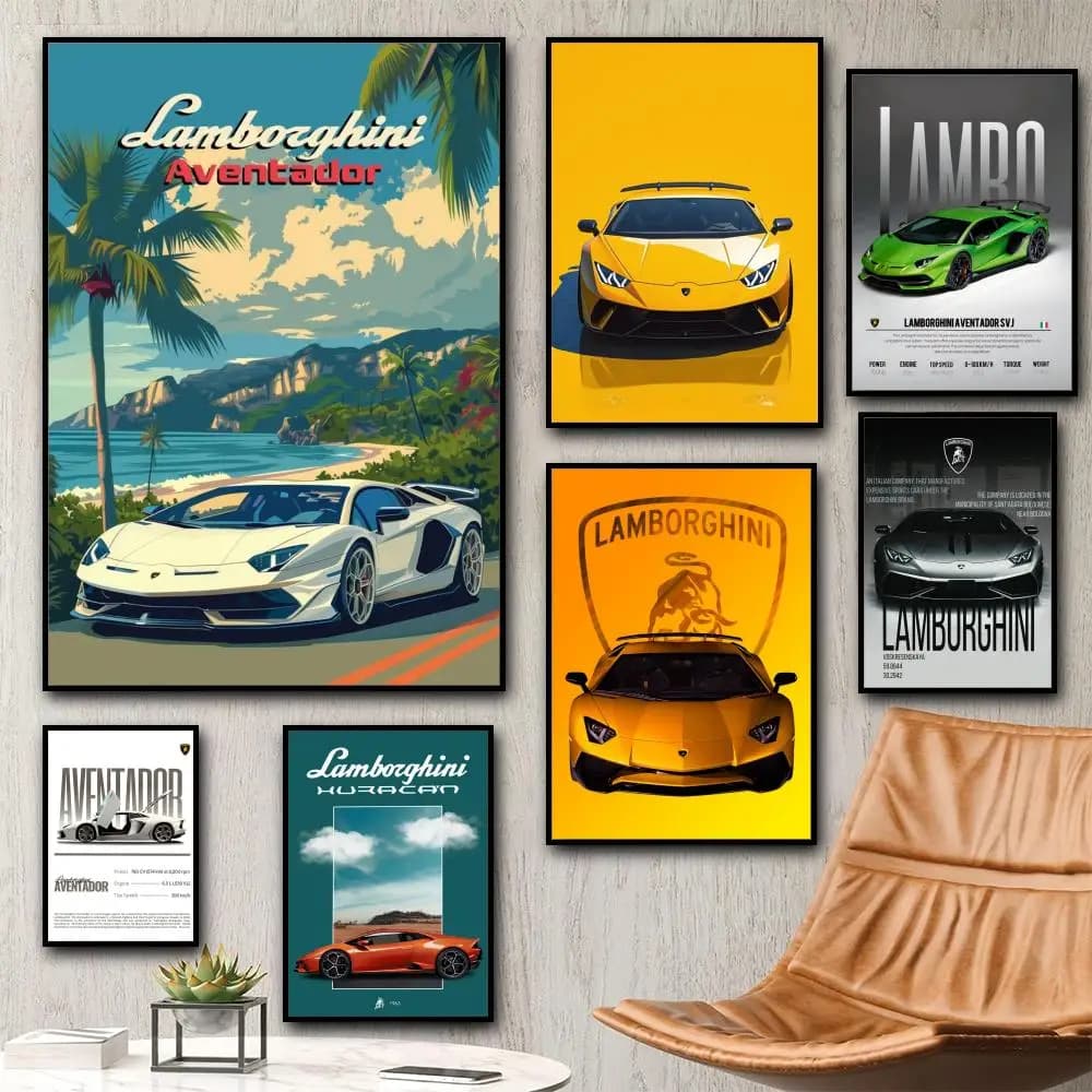 Modern Supercar Lamborghini Wall Art Painting Calligraphy Canvas Poster: Crease Free Waterproof Durable All Space Wall Decor