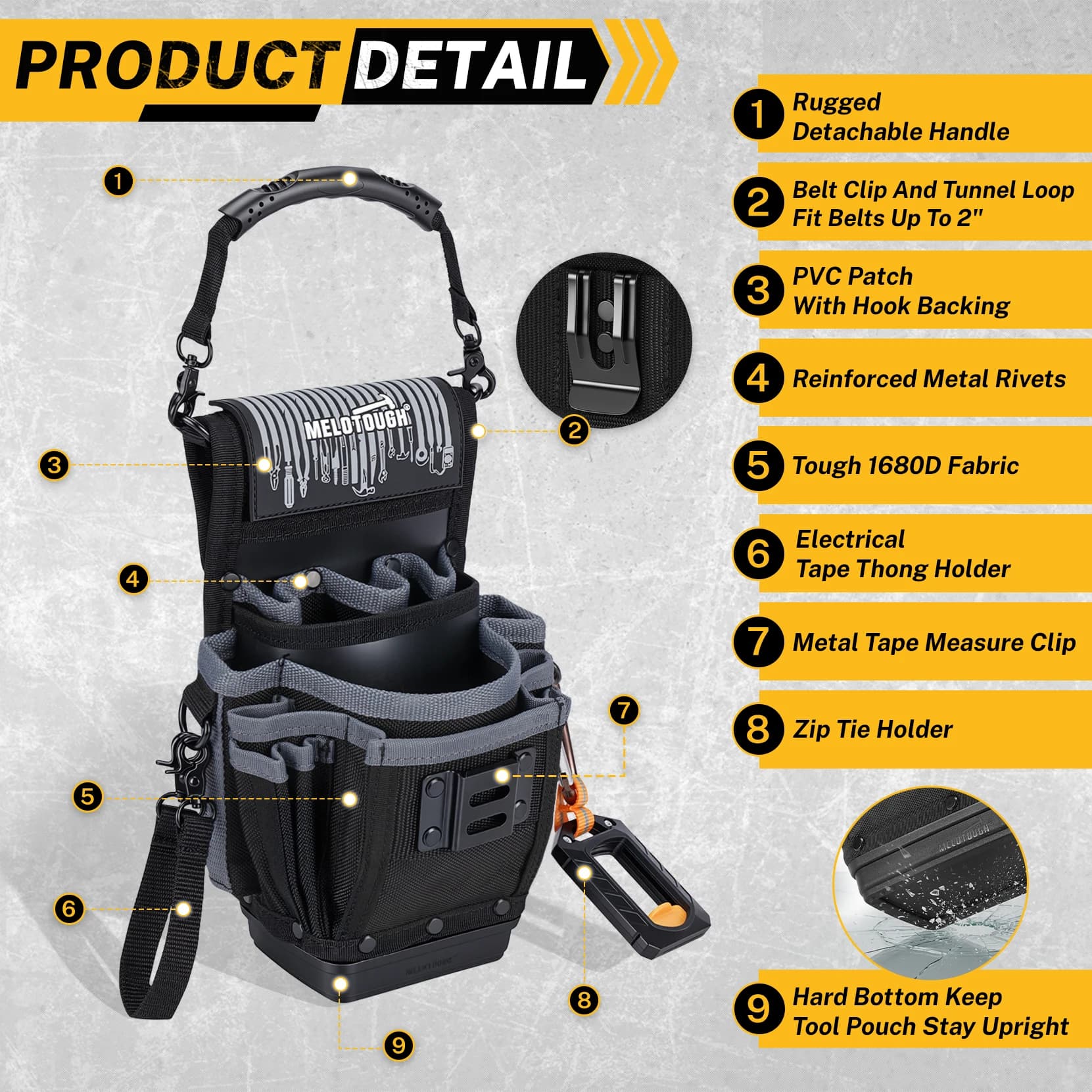16 Pockets Clip‑on Tool Pouch with Hard Bottom Small Electrician Tool Pouch Belt Clip for HVAC Carpenter Construction Technician
