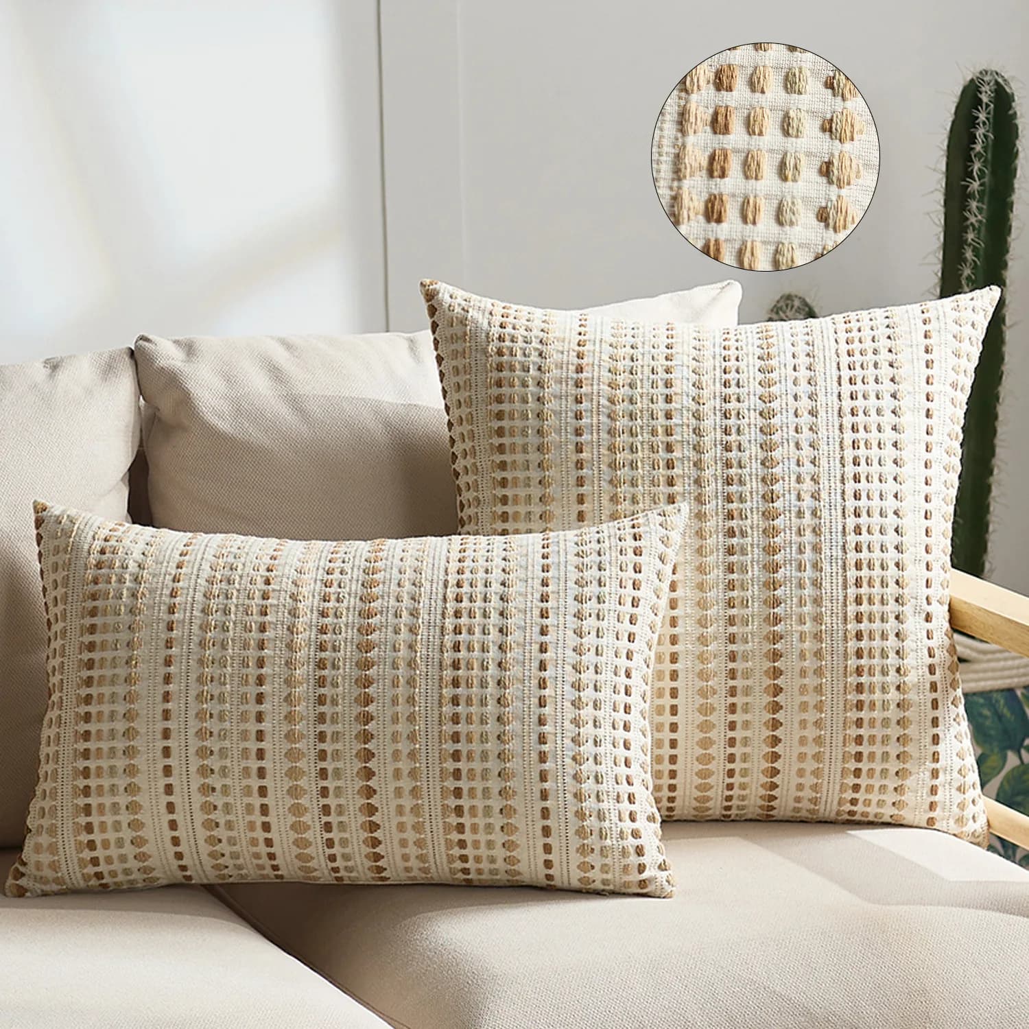 Boho Dots Jacquard Cushion Cover 45x45cm, Zipper Closure, Sofa Bed Throw Pillow Case, Grey Orange Ivory Blue