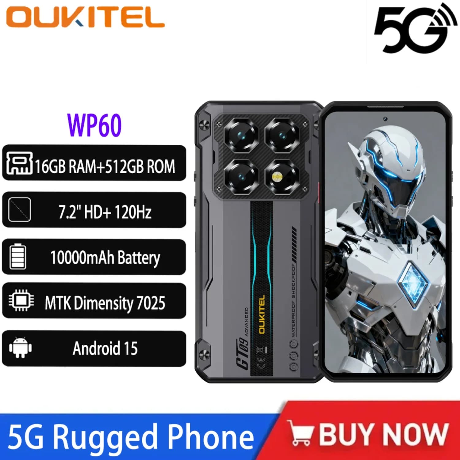 OUKITEL WP60 5G Smartphone robusto 10000mAh 33W 7.2 “120Hz 16GB ROM 512GB ROM Telefono cellulare 108MP MTK 7025 Android 15 NFC Phone