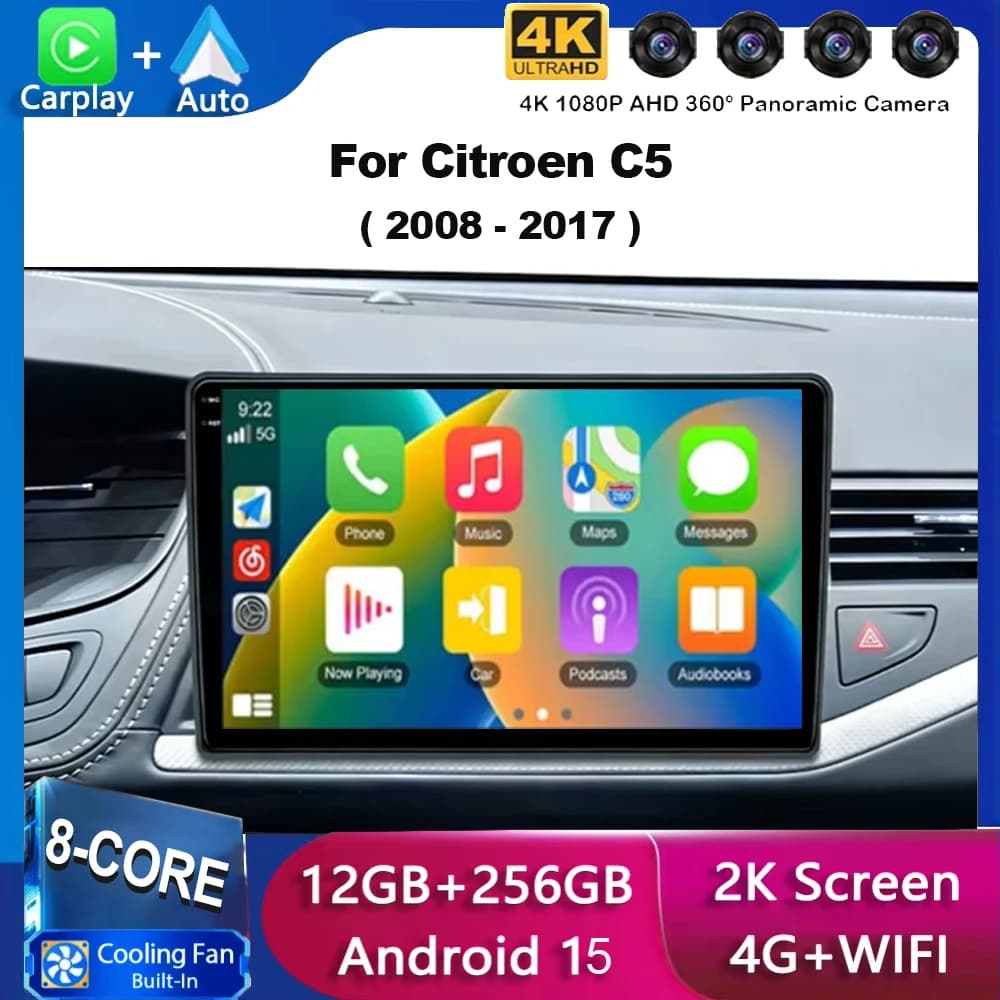Per Citroen C5 2008-2017 Autoradio Android 15 con Carplay, Navigazione Multimediale, Video DVD, Stereo 2din