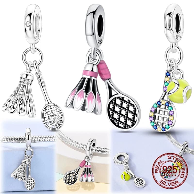Stud Shape Pendants from Badminton and Tennis in Sterling Silver 925 with Colorful CZ Stones, Suitable for Bracelets, Sports Jewelry, Gift for Women and Girls
