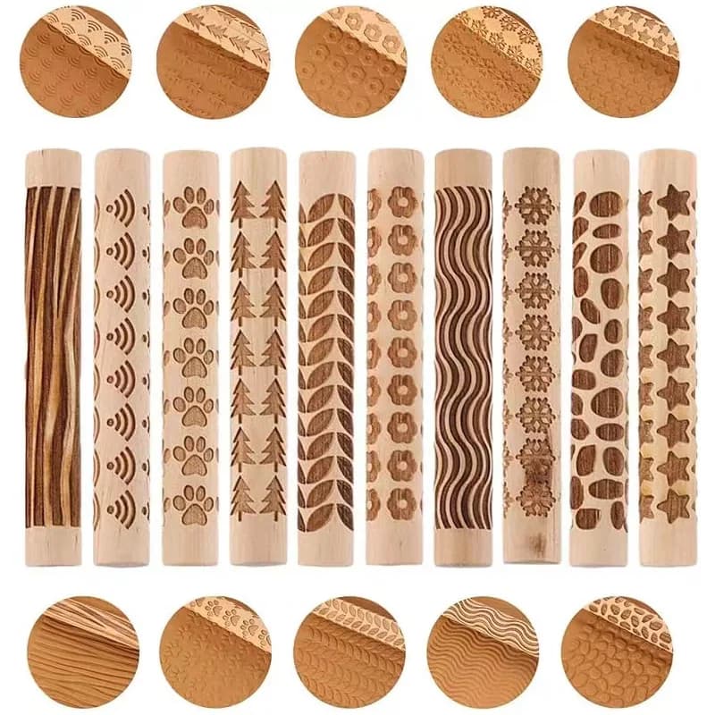 1Pcs Wooden Embossing Rolling Pin Set, DIY Pattern Roller for Clay Pottery & Baking Dough, Carved Texture Tool for Crafts