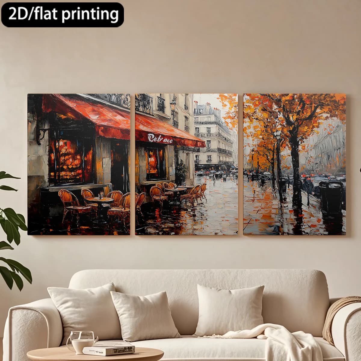 Decorative painting on canvas with wooden frame, 3 pieces. Charming Parisian road, autumn scene. Tende per camera da letto ikea.
