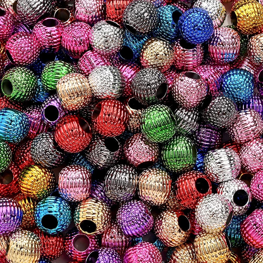 90pcs Multicolor Round Acrylic Beads Textured Metal Beads with Large Hole DIY Jewelry Making Supplies for Bracelet Necklace