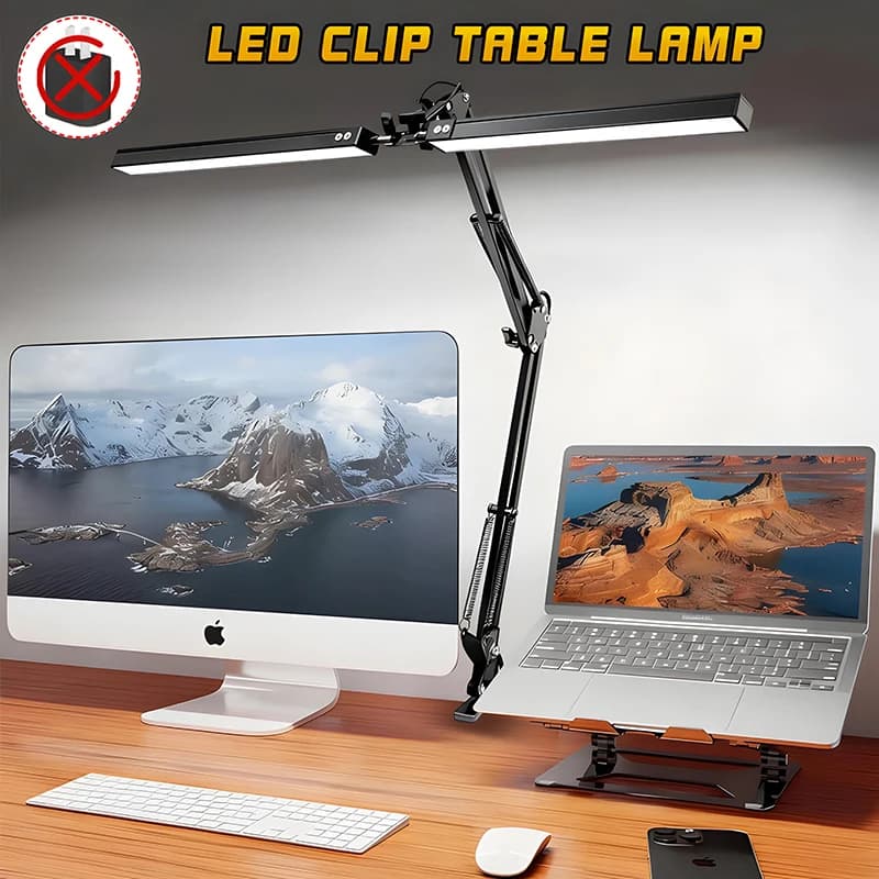 Lampada da Scrivania LED a Doppia Testa con Morsetto, Lampada da Tavolo Trasformabile per Architetti, Luce di Lettura Ultra Luminosa con Dimmer Automatico per Casa e Ufficio