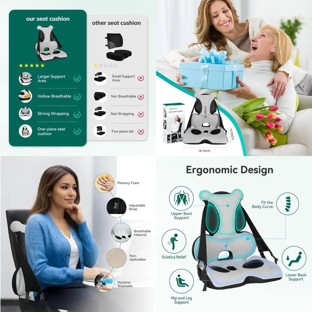 Cuscino di Supporto Lombare per Auto, Sedie da Ufficio e Sedie - Migliora la Postura, Allevia il Dolore Sciatico e del Coccige