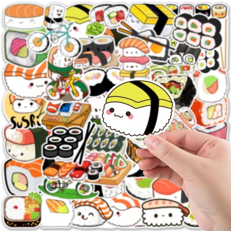 50 fogli adesivi sushi, telefono cellulare per auto, tazza d'acqua, bagagli, graffiti, adesivi per notebook, manuali, impermeabili