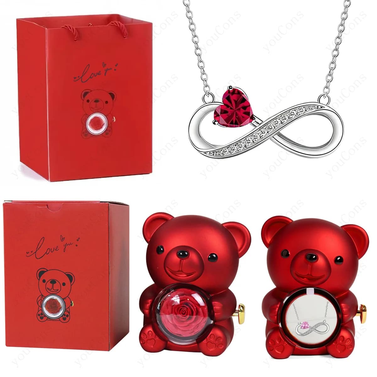 Necklace with red heart pendant with gift box of pink flowers with cute bear for mother's party women 2026 Valentine's Day Christmas Jewelry