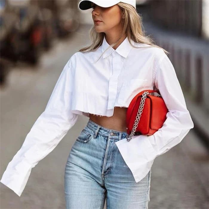 Fashionable Short Crop Blouse Shirt Top for Women Street Style Collar Long Sleeve Slim Fit Pure Color Summer 2023