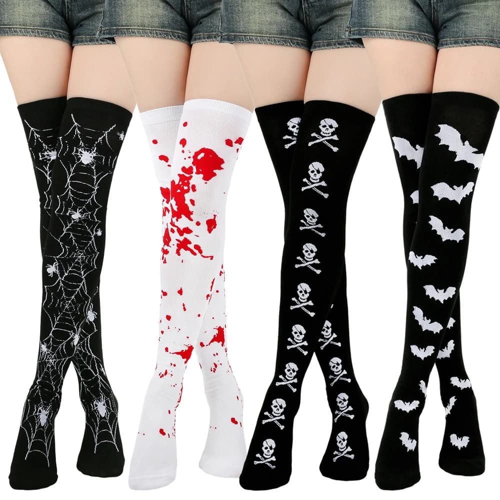 1 Pairs Women New Halloween Bleeding Socks Black Solid Color Cartoon Bat Sock Holiday Costume Party Skull Stockings Gifts