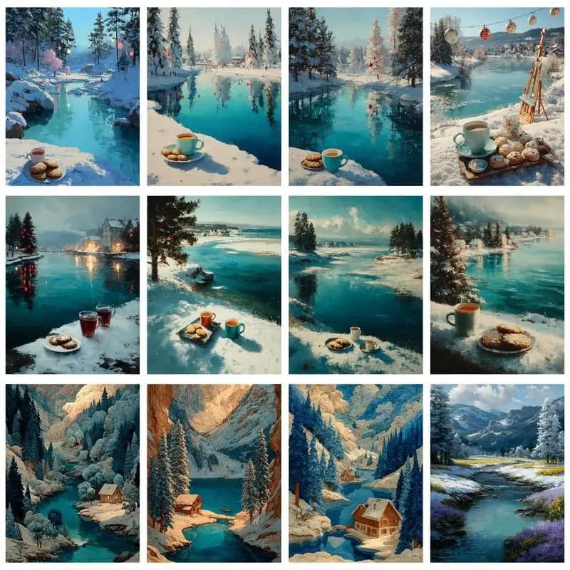 1pc frameless Paint By Number Lake Snow Scenery Wall Art Picture By Numbers Acrylic Canvas Painting For Home Decoration