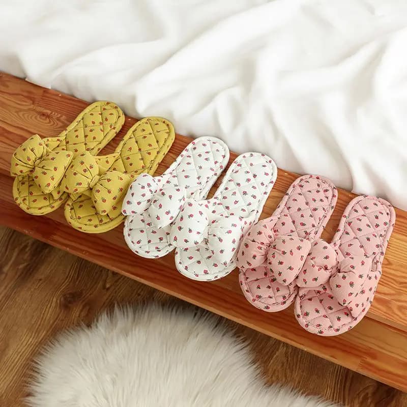 New Cute Girl Butterfly Knot Pure Cotton Indoor Home Anti Slip Silent Cloth Bottom Slippers for Women