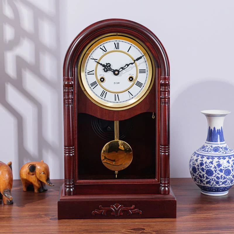 Orologio da Tavolo Meccanico Vintage in Legno Massello con Pendolo e Segnalazione Oraria a Molla