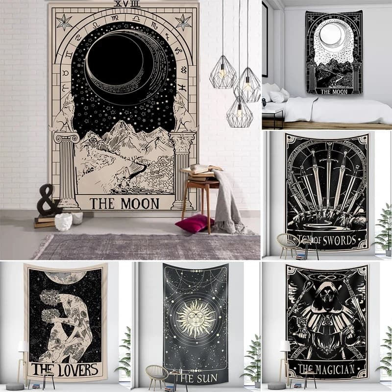 VIKAMA Arazzo con Carte dei Tarocchi, Arte Psichedelica, Decorazione da Parete, Coperta Boho Mistica, Arredo Spirituale Stile Wicca, Tessuto Estetico
