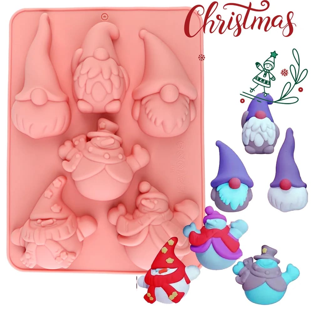 6-Piece Christmas Gnome Cake Chocolate Silicone Baking Mold, Suitable for Making Creative Works Such as Chocolate, Mousse, Fondant Cakes, Candles, or Resin Crafts The Mold Is Made of Food-Grade Silicone Material, Safe and Non-Toxic, Heat-Resistant, Easy to Demold, and Is Specifically Designed for Holiday Baking and DIY Crafts.