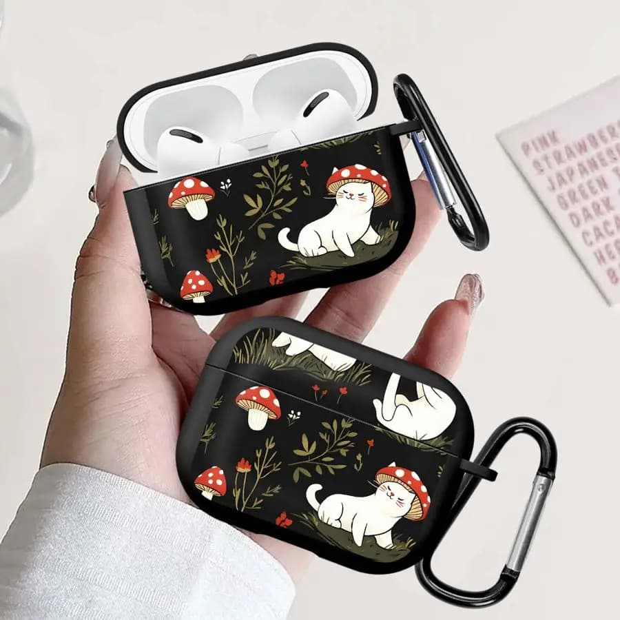 Custodia per auricolari a forma di gatto con funghi, compatibile con Airpods 1 2 Pro3 3 Pro2 Pro 4