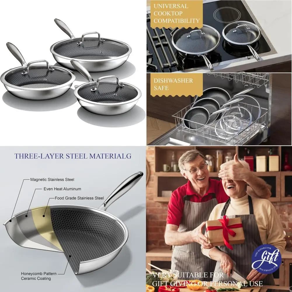 Non-stick pan - 8, 10, 12 inch stainless steel pan with tempered glass lid, flat bottom pan for gas cooking