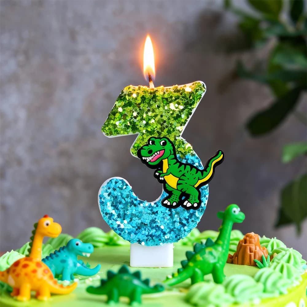 Candela a Tema Dinosauro Carina con Numeri 0-9, Decorazione per Torte di Compleanno per Bambini, Regali Glitterati, Decorazione per Feste di Baby Shower a Tema Animali