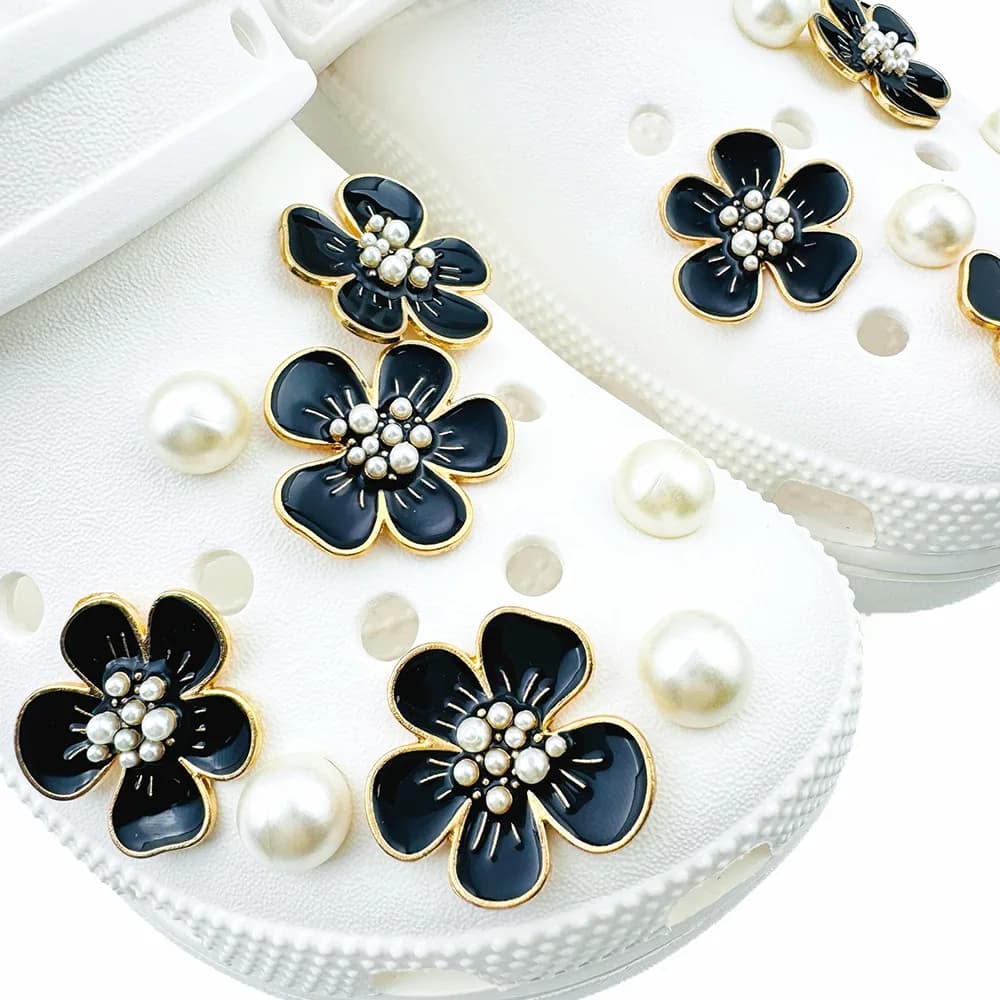 16PCS Fashion Shoe Charms Set Accessories for Sandals Clogs Shoe Buckle Alloy Cherry Blossom Pearl DIY Shoes Decorations Gift