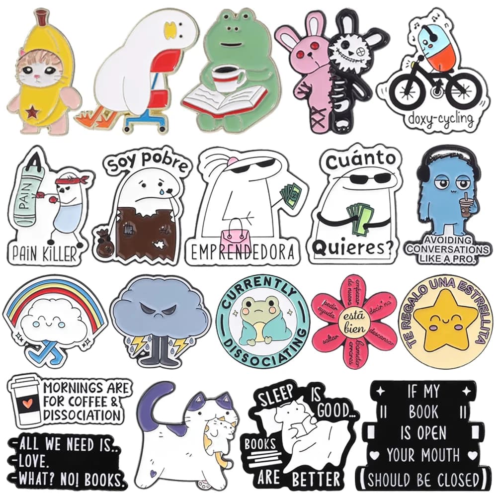 Fun Animal Enamel Brooch Cartoon Pin Simple Sketches Cat Duck Frog Cloud Flower Coffee Book Metal Badge Punk Jewelry Friend Gift