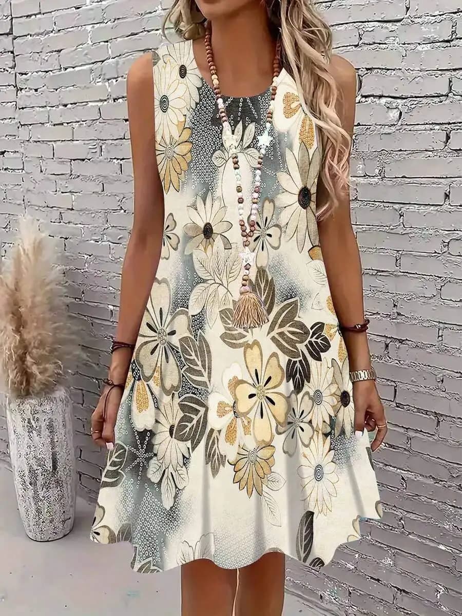 Abito senza maniche con stampa floreale e collana con nappe per abbigliamento casual e tempo libero