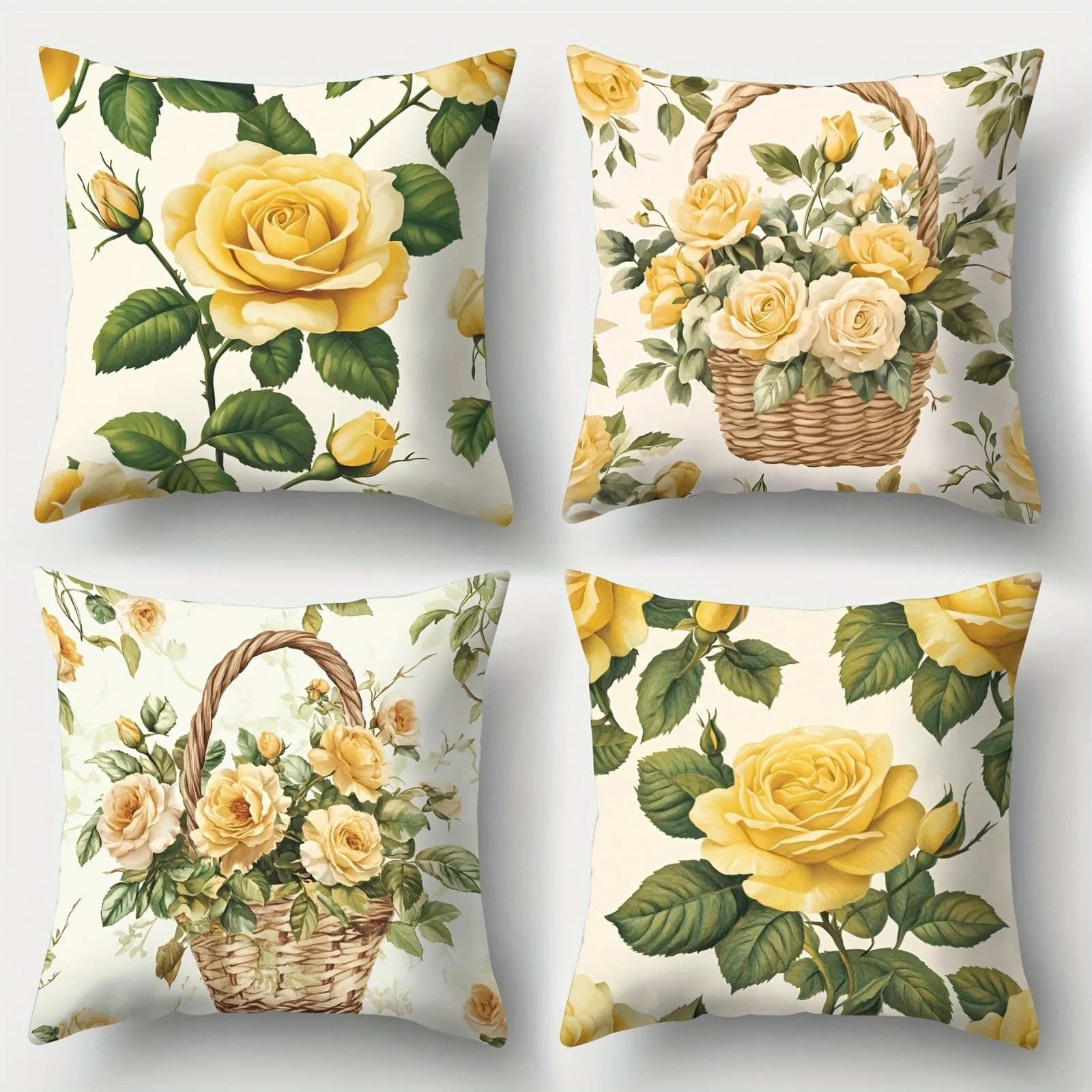 Yellow Roses In Basket Pattern Pillowcase Pattern Cushion Cover Suitable For Sofa Bedroom Car Pillow Cover