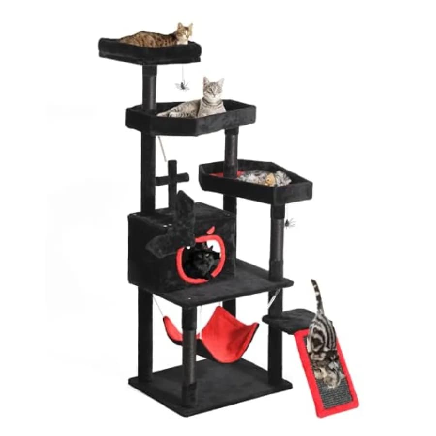 Albero per Gatti Gotico con Letto a Bara, Torre per Gatti da Interno Alta 63 Pollici con Posatoio Superiore, Cuccette Spaziose, Palline Pendenti a Forma di Ragno, Confortevole