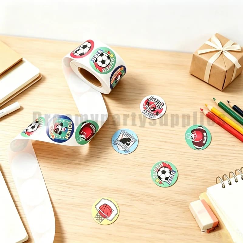 1 Roll 500pcs Mixed Sports Theme Round Stickers Basketball Soccer Baseball Rugby Reward Labels Kids Classroom Incentive Sticker