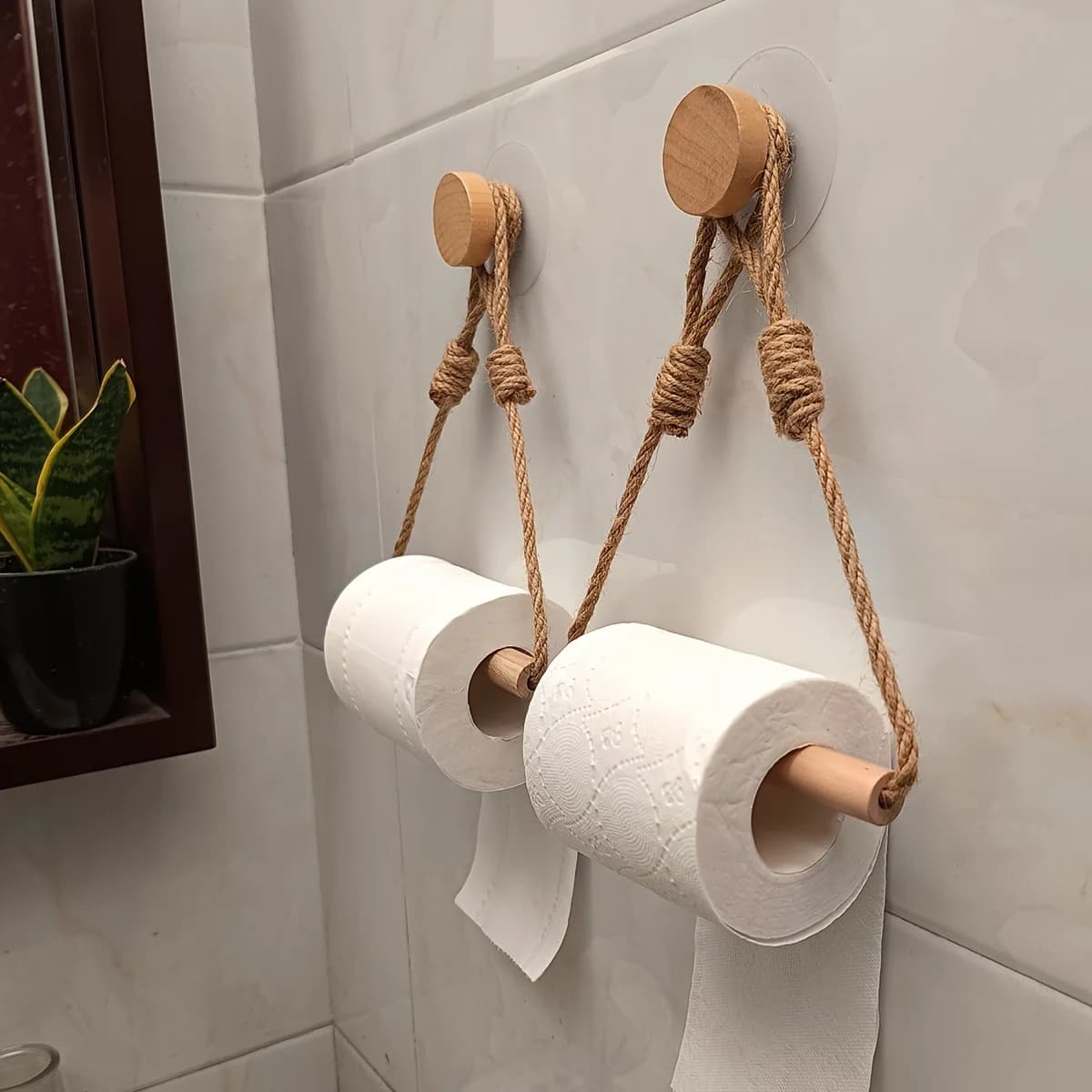 Porta carta igienica con corda di canapa rustica da 1 pezzo e bastoncino di legno - Dispenser decorativo per fazzoletti da bagno a parete