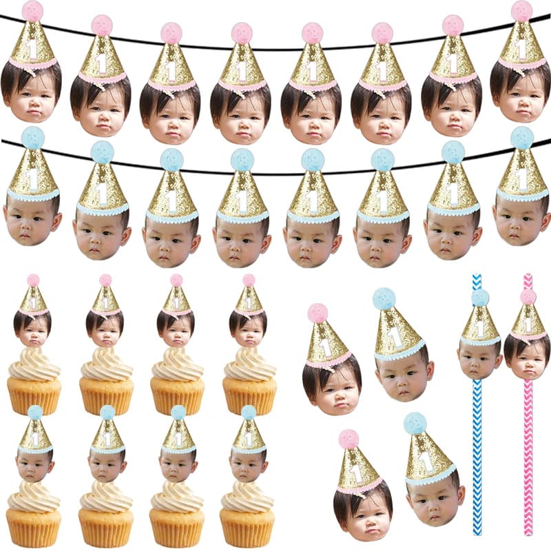Birthday Party Custom Photo Facial Birthday Hat Banner Cupcake Toppers Wall decal Kids Cannucce Decorations for First Birthday Party