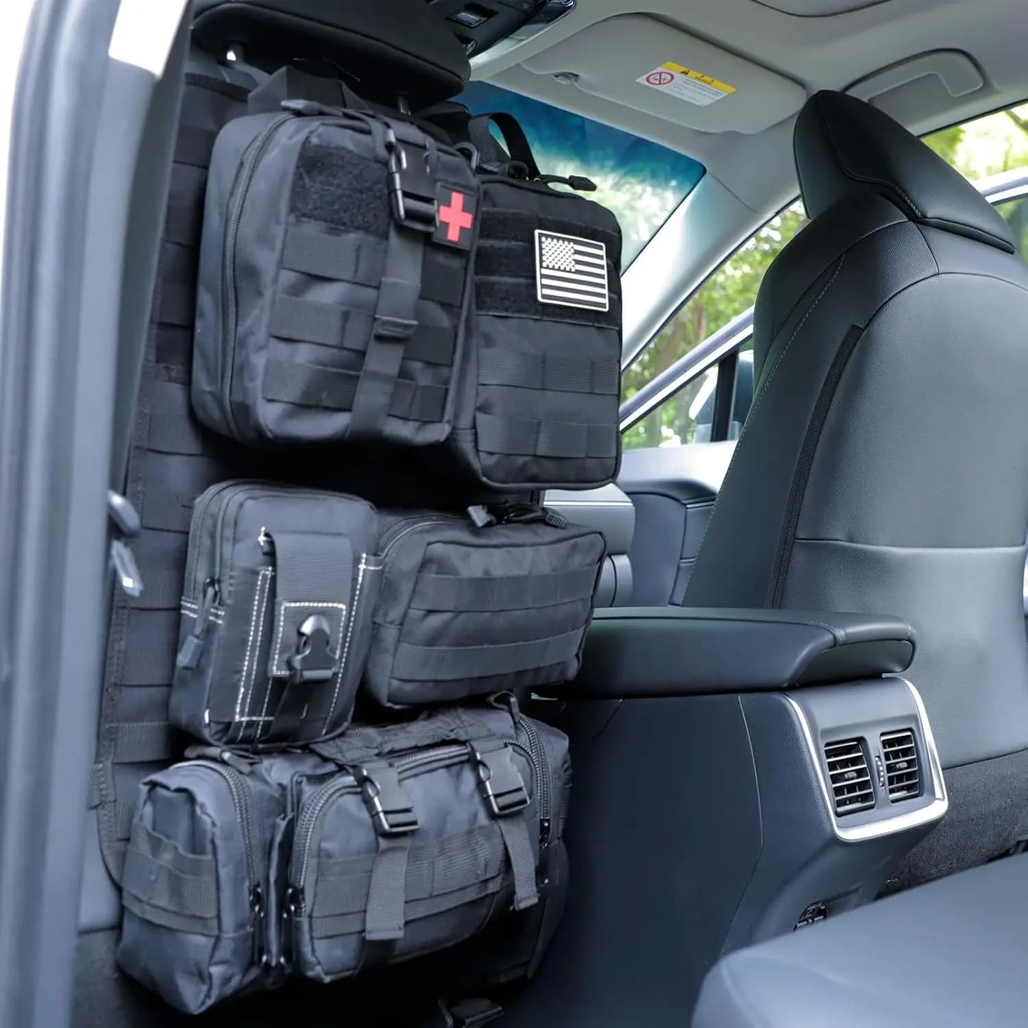tactical car seat back organizer and storage truck seat covers with a Molle Vehicle Panel and 5 Different Size Molle Pouches for