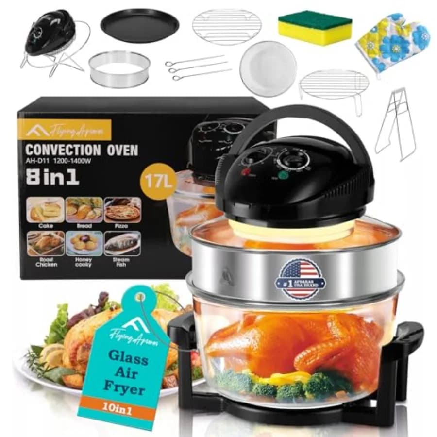 APSARAS USA Forno a Convezione da 17 Litri con Friggitrice ad Aria 10-in-1 in Vetro, Elettrodomestico da Cucina da Appoggio in Vetro Atossico per una Cucina Sana