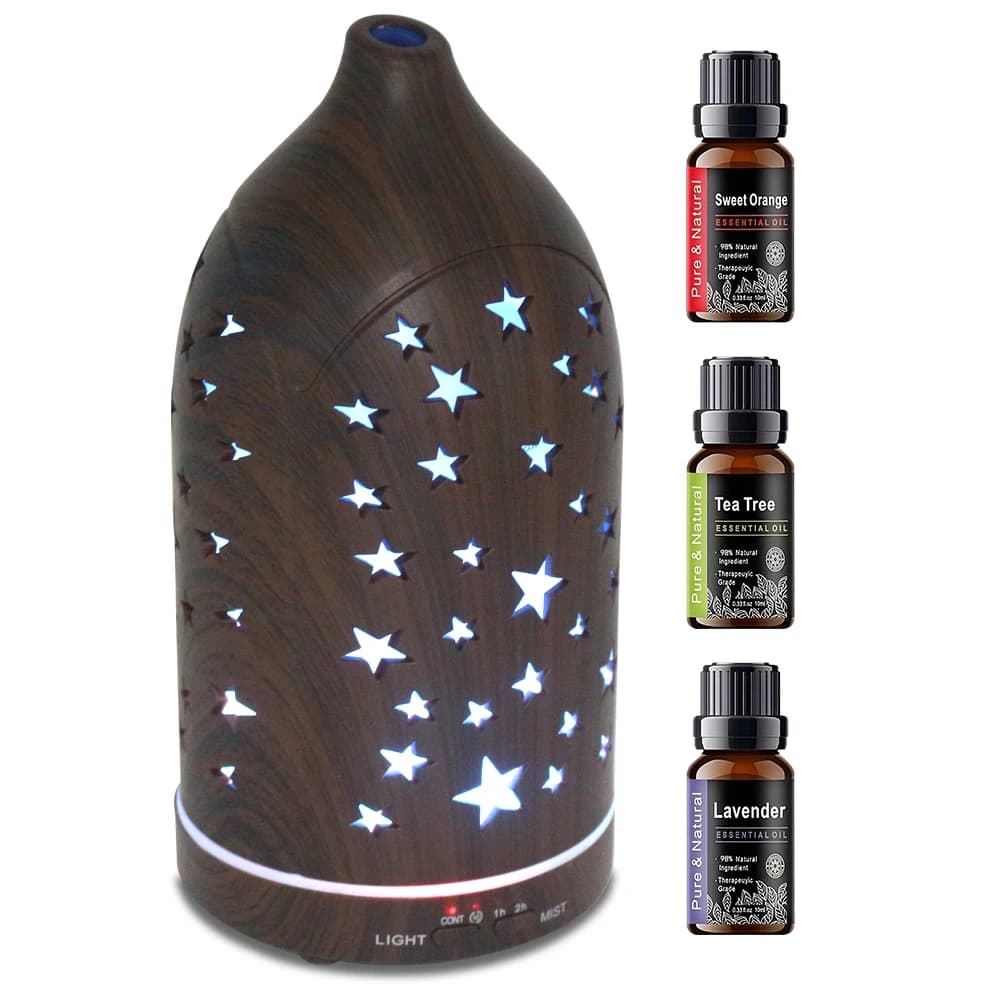 Umidificatore con design a venature del legno, 360 ° Diffusore di aromi cavo rotante con luce d'atmosfera a 7 colori, creatore di nebbia fredda per uffici domestici moderni