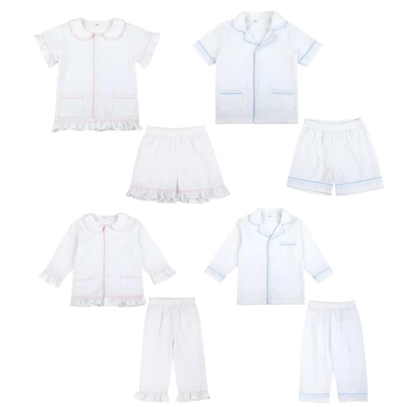 Primavera Estate Bambini Pigiama Set Neonate Ragazzi Homewear Sibling Abiti Bianco Seersucker Morbido Bambini Pigiama a maniche lunghe Set