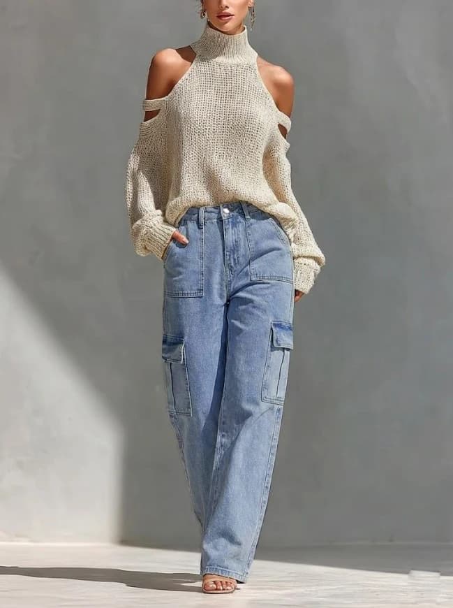 Jeans da Lavoro a Vita Alta con Tasche Multiple per Donne