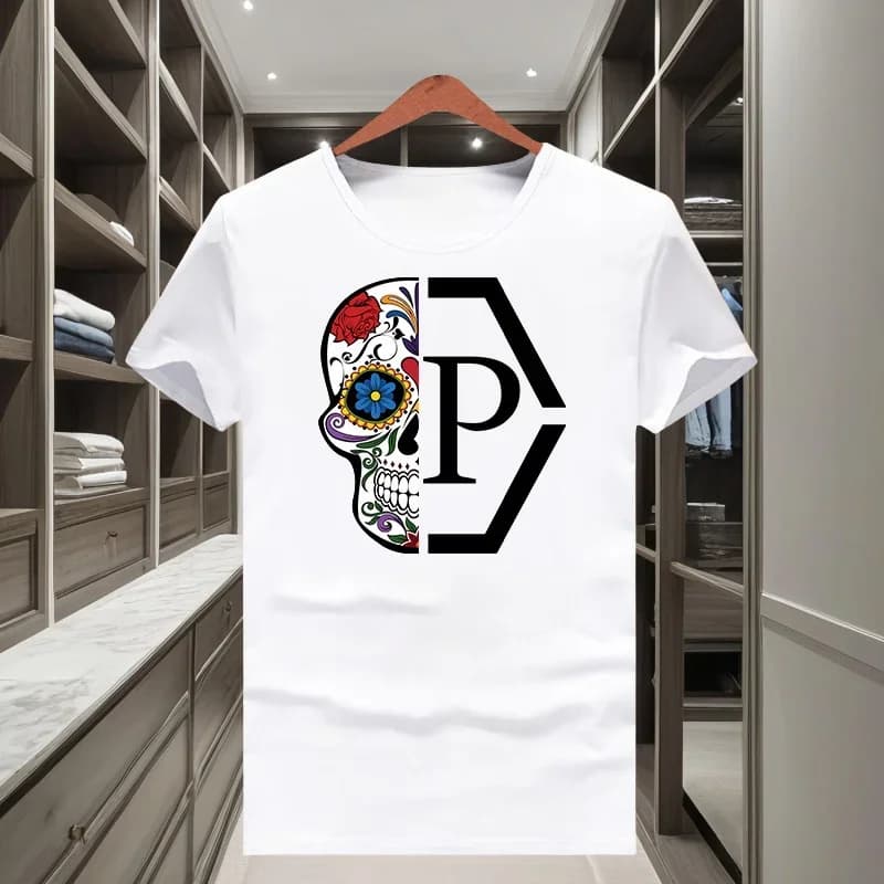 Classic Trendy Brand Half Skull Flower Printed Men's and Women's 2026 New Short Sleeved T-shirt Round Neck