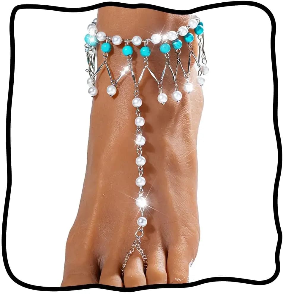 Boho Turquoise and Pearl Barefoot Sandal Anklet Silver Toe Ankle Bracelet Beach Foot Accessories for Women