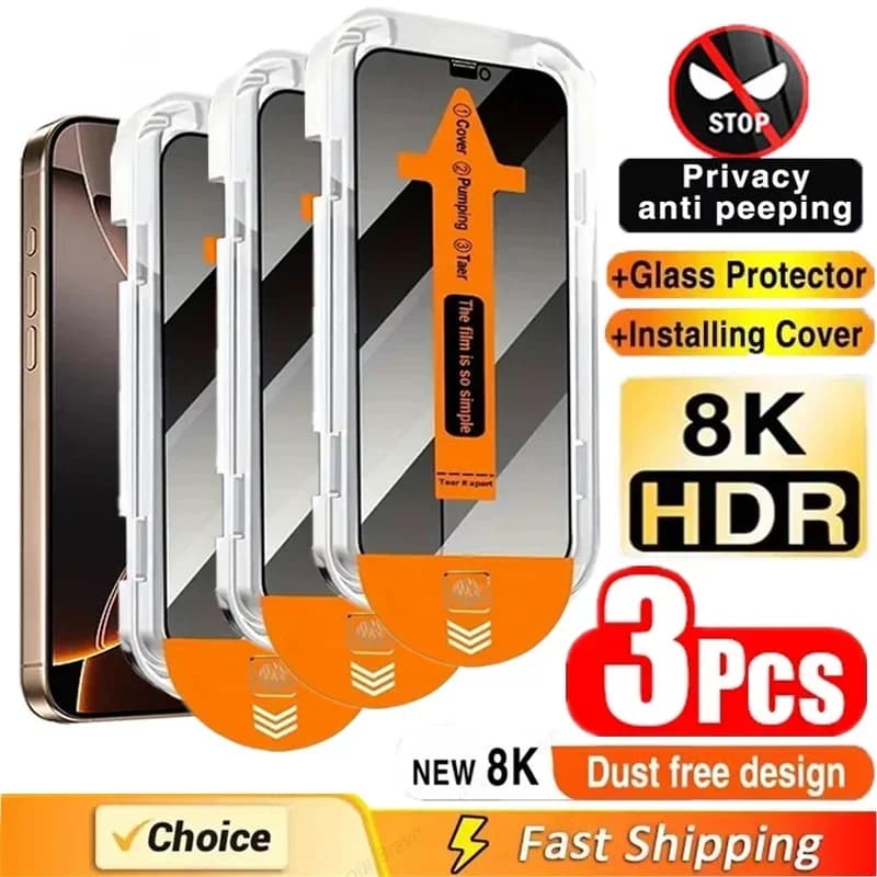 3 pieces protection screen privacy installation without dust for iPhone 16 15 14 13 12 11 Pro Max Mini XS X 17 15 16 Plus anti-spia glass