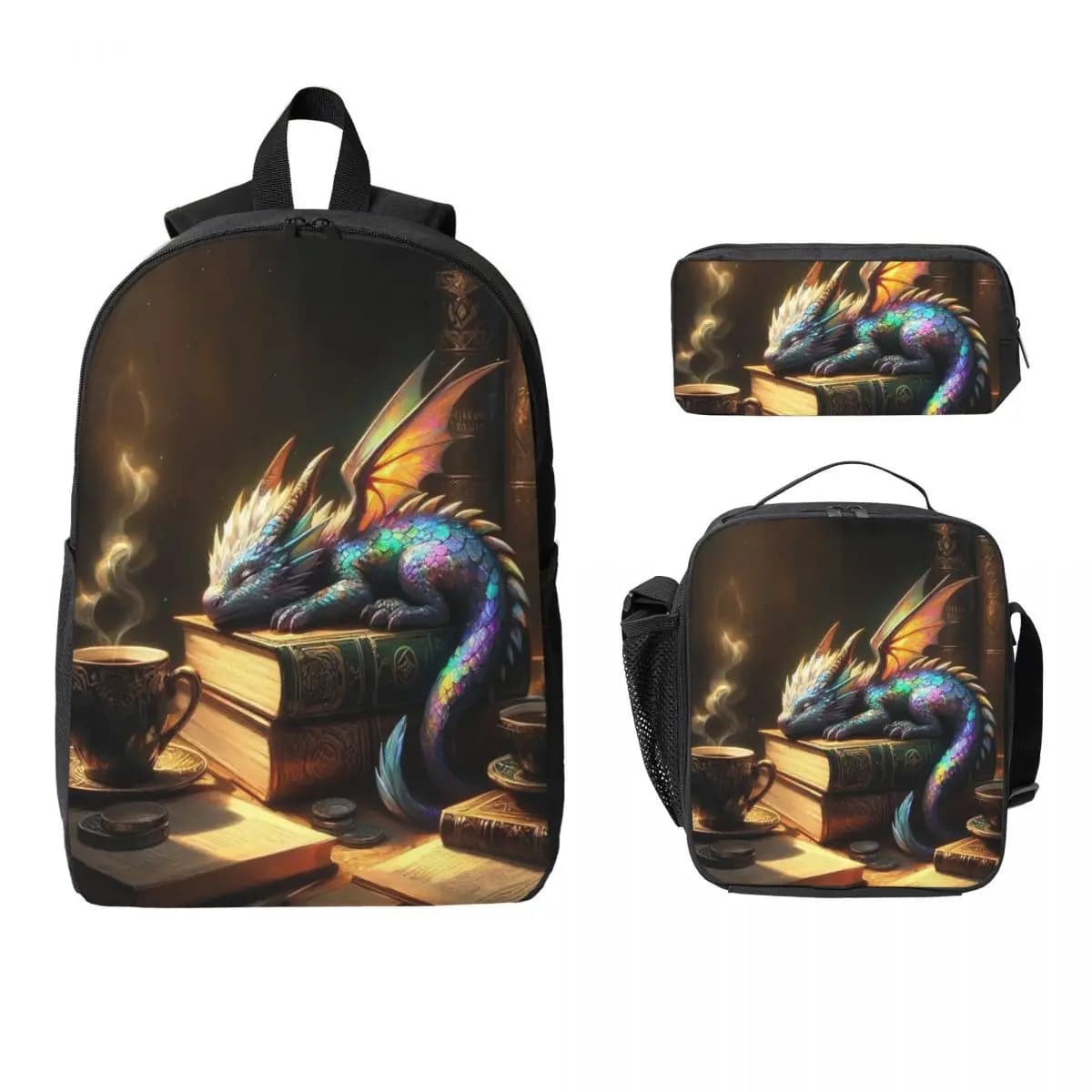 Adorable Dragon Sleeping On The Books Backpack Student BookBag School Bag Computer Shoulder Bags 3ps Lunch Bag Pencil Case