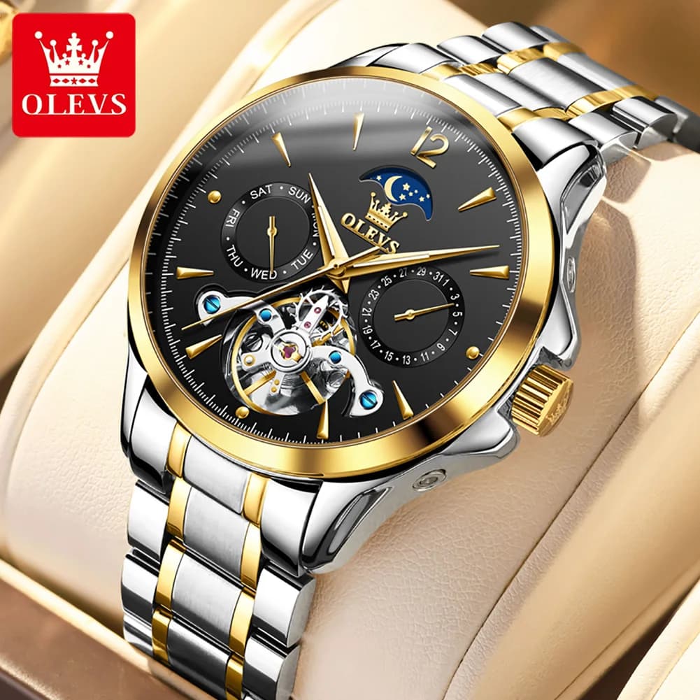 OLEVS 6663 Skeleton Watch Man Multi functional Moon phase date Luxury Wristwatch Original Automatic Mechanical Men's Watch
