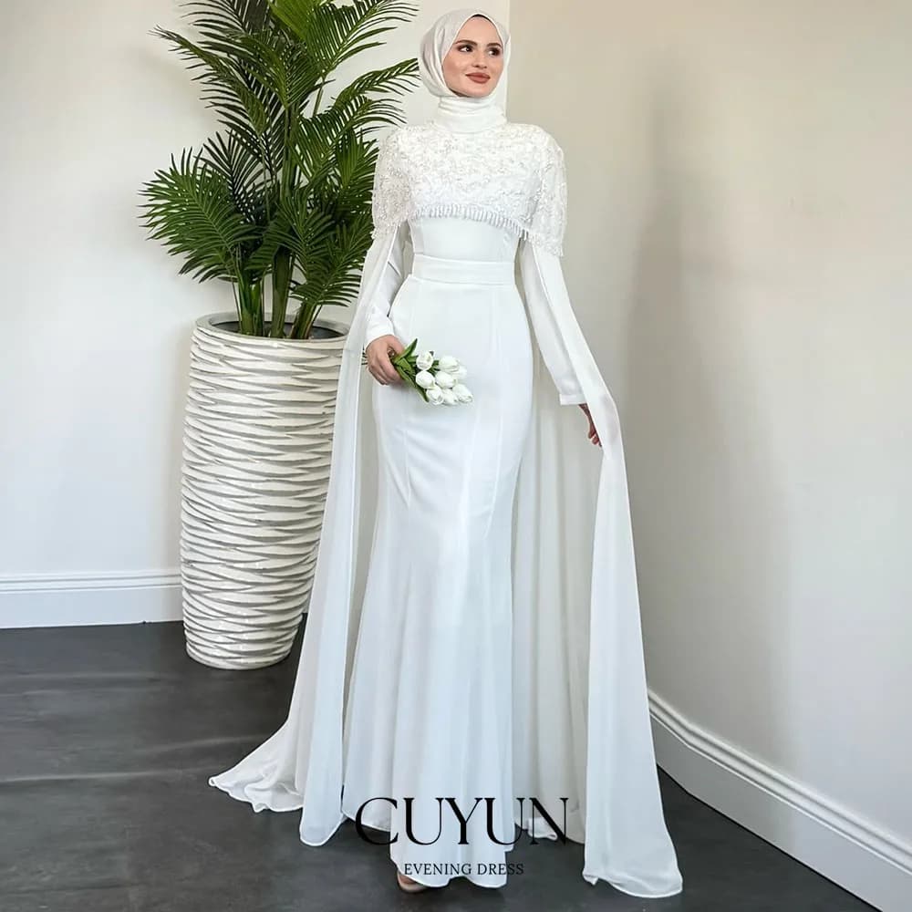 CUYUN Elegante abito da sera musulmano con scialle di perline Abiti da festa lunghi a sirena Abito da cerimonia nuziale personalizzato saudita Dubai per la sposa